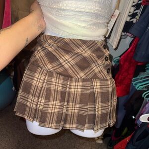 Plaid Pleated Mini Skort - Brown